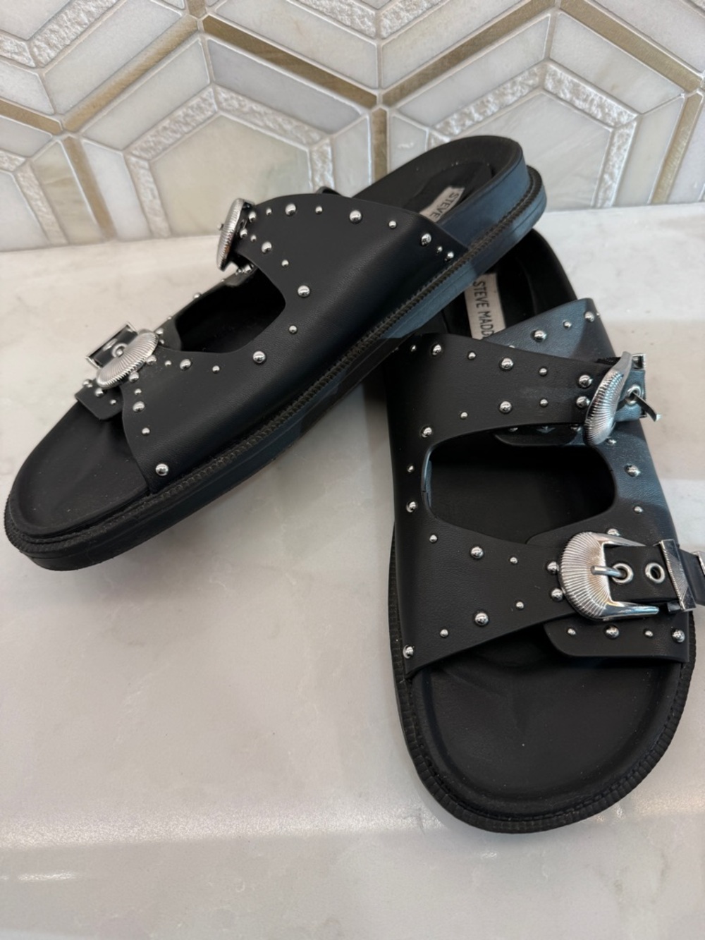 Steve Madden Connely Buckle Slide Sandal western silver black 9